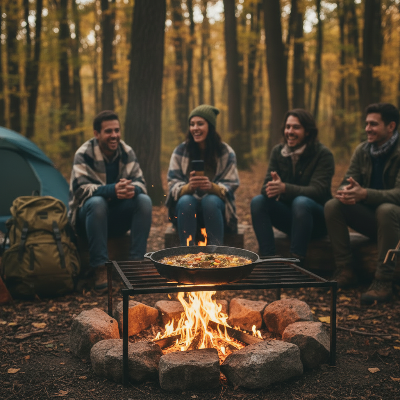 Poele en fonte sur feu de camp en foret entre amis