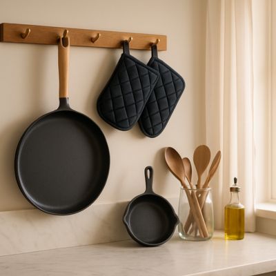 poele_a_crepe_en fonte accrochee_en_cuisine avec des gants de cuisine noirs