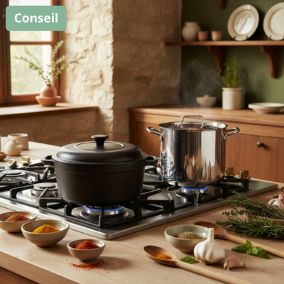 cocotte en fonte et faitout inox sur gazinière 