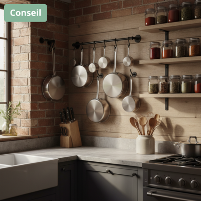 cuisine moderne rustique des poêles inox accrochées sur mu en briques