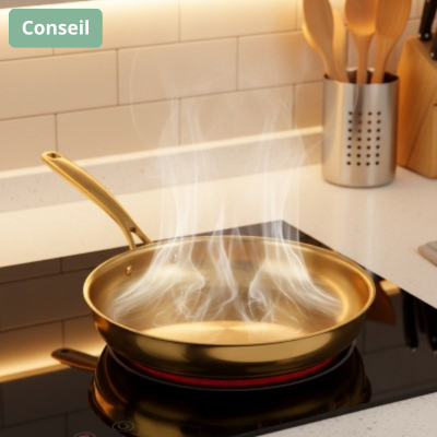 poêle inox 18 10 doree sur plaque induction avec fumee