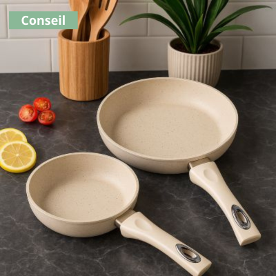 deux poêle en céramique sur plan de travail marbre gris