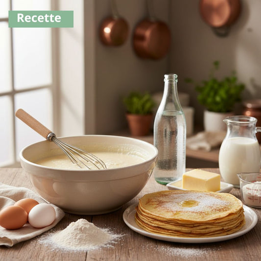 ingrédients pour pâte à crêpe légère sur table en bois