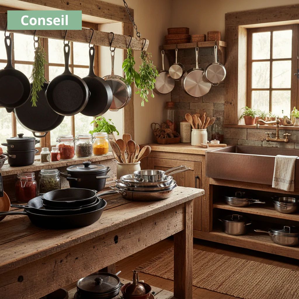 cuisine chaleureuse rustique poêles en fonte et poêles en inox