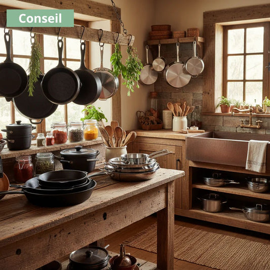 cuisine chaleureuse rustique poêles en fonte et poêles en inox