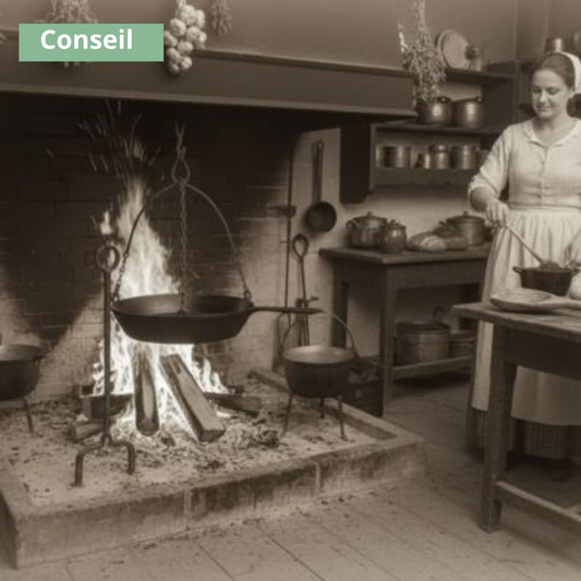 grand poêle en fonte dans cheminée à l'ancienne cuisine ancienne