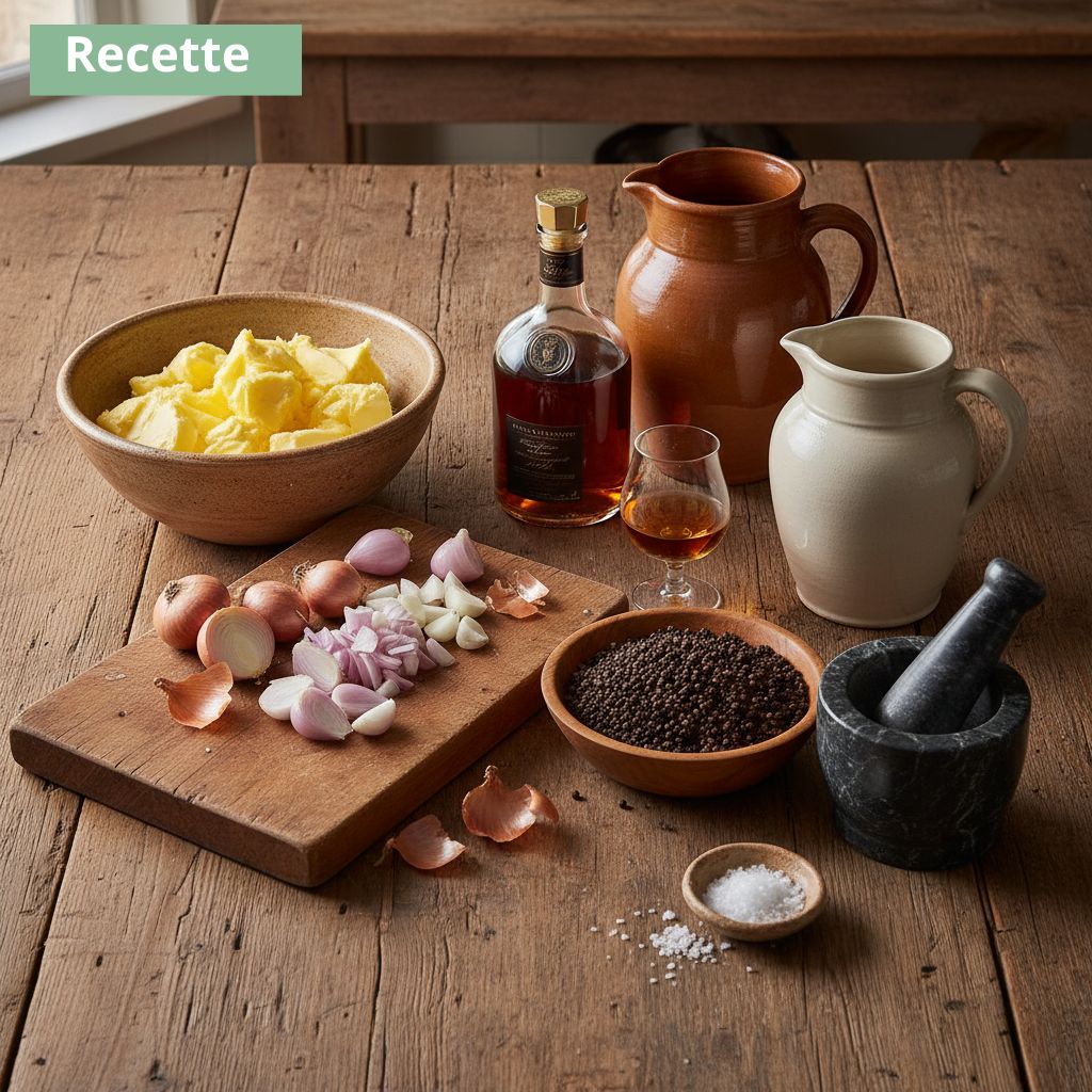 Poive Table ingrédients pour sauce au poivre sur table bois rustique