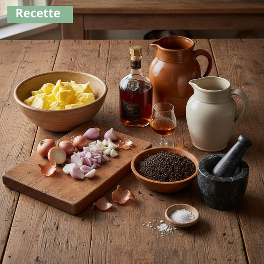 ingrédients pour sauce au poivre sur table bois rustique