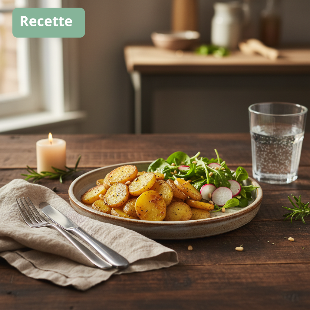 assiette de pommes de terre sautées et salade de cresson sur table bois