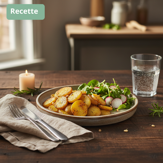 assiette de pommes de terre sautées et salade de cresson sur table bois