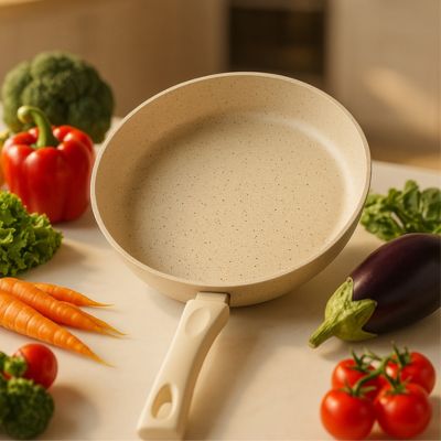 poele en ceramique couleur creme sur table avec legumes frais autour
