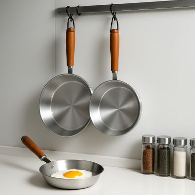 2 poeles inox 18 10 accrochees mur cuisine 1 poele sur plan de travail avec un oeuf