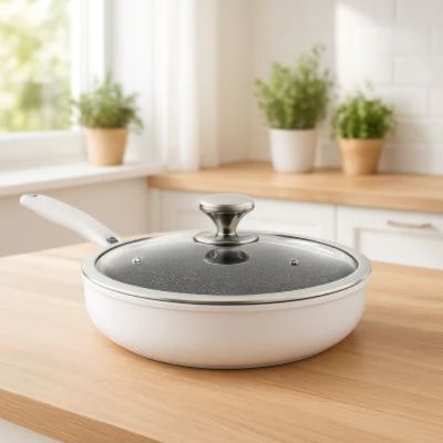 poele inox 18 10 avec couvercle en verre tremp sur plan de travail bois
