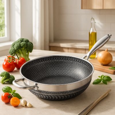 POELE INOX NID D'ABEILLE - cuisson sans revêtemnt, compatible induction
