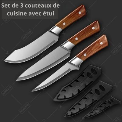 set de trois couteaux avec leur etui sur fond noir
