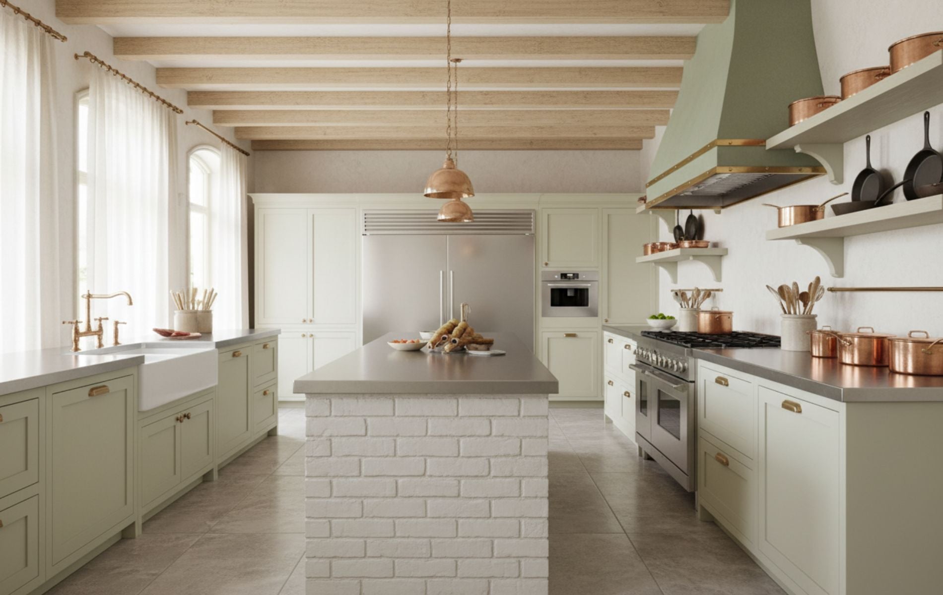 cuisine equipee moderne rustique ton vert sauge et blanc