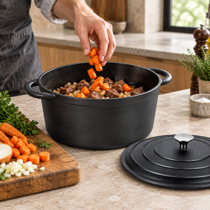 cocotte en fonte Ajout des légumes au ragoût