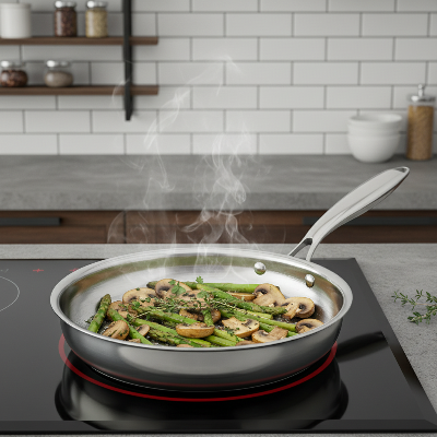 Champignons et asperges dans la poêle inox pour induction