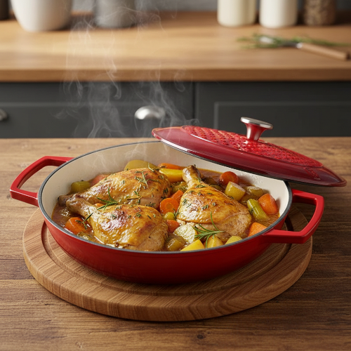 Cocotte en fonte émaillée blanche 30 cm utilisée au four