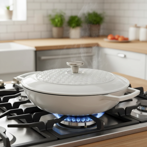 Cocotte en fonte émaillée blanche 30 cm sur plaque gaz