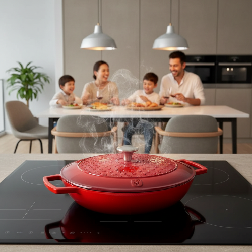 Cocotte en fonte émaillée rouge 30 cm avec poulet et légumes