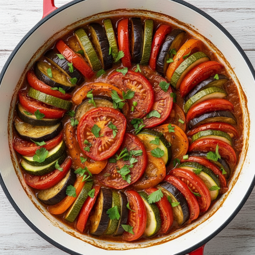 Ratatouille préparée dans une cocotte basse en fonte émaillée 30 cm