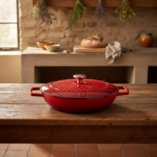Cocotte basse en fonte émaillée rouge 30 cm dans une cuisine rustique