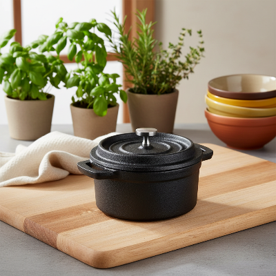 Cocotte en fonte mini avec décor chaleureux planche bois