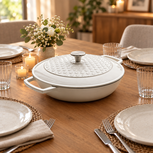Cocotte blanche sur une table dressée pour quatre
