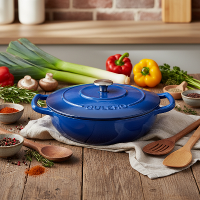 Cocotte en fonte émaillée bleue avec légumes et épices