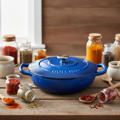 Cocotte en fonte émaillée bleue sur plan de travail avec épices