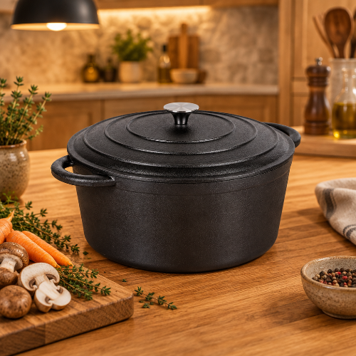 Cocotte en fonte entourée de légumes et d’herbes dans une cuisine éclairée le soir