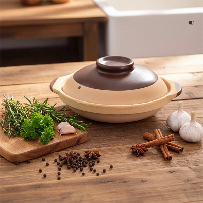 Cocotte en céramique au four  plan de travail rustique épices herbes fraîches