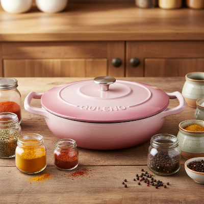 Cocotte en fonte émaillée rose sur plan de travail avec épices