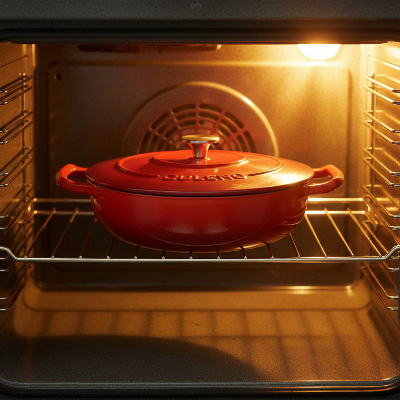 Cocotte en fonte émaillée rouge au four