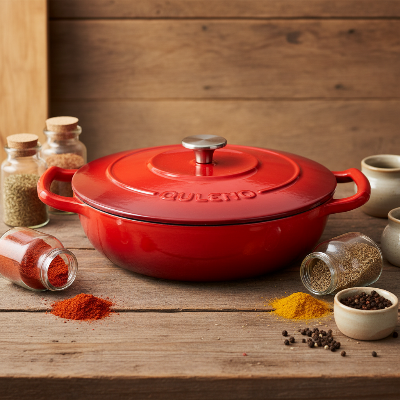 Cocotte en fonte émaillée rouge sur plan de travail avec épices