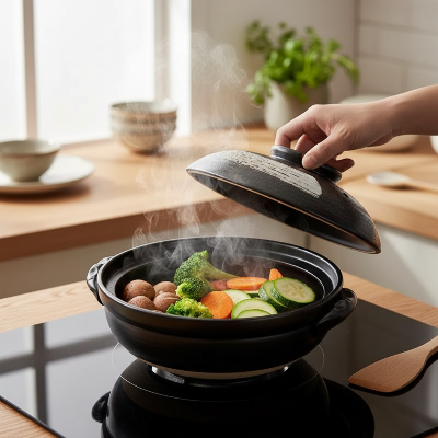 Cocotte en céramique sur induction avec légumes