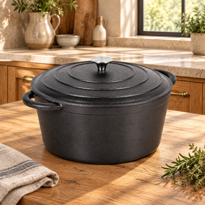 Cocotte en fonte  sur un îlot en bois dans une cuisine moderne rustique
