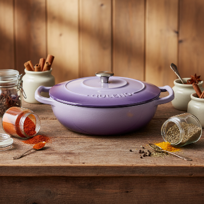 Cocotte en fonte émaillée violette sur plan de travail avec épices