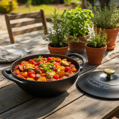 cocotte_en_fonte_avec_legumes_sur_table_en_bois_jardin avec plantes