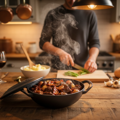 cocotte en fonte avec bourguignon fumant sur plan de travail en bois
