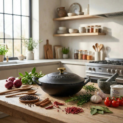 cocotte en fonte sur plan de travail en boie epices legumes