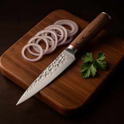 couteau de cuisine sur planche en bois epaisse avec oignons ciseles et branche de persil