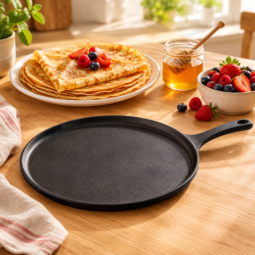 Crêpière avec assiette de crêpes, miel et fruits rouges