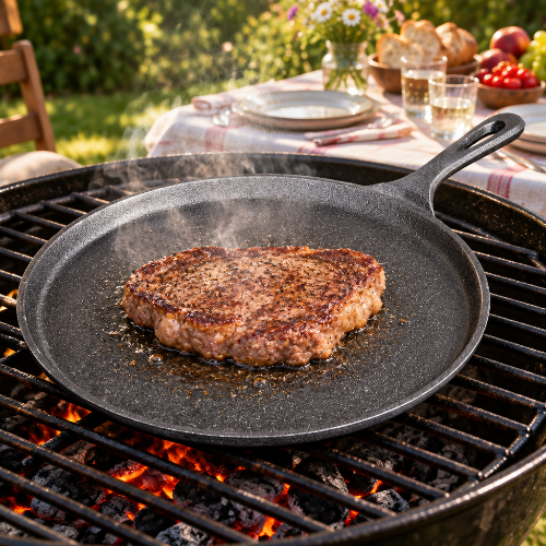 Crepiere en fonte avec viande en cuisson sur barbecue dans un jardin