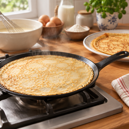 Crêpière en fonte utilisée dans une cuisine familiale