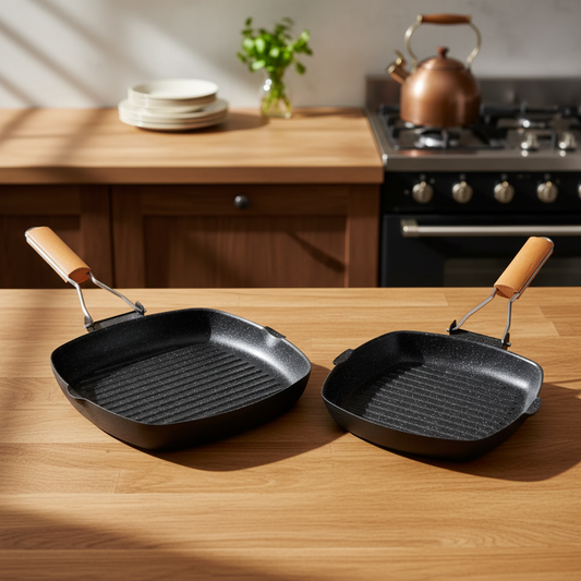 Deux poêles grill en fonte sur plan de travail en bois avec lumière douce