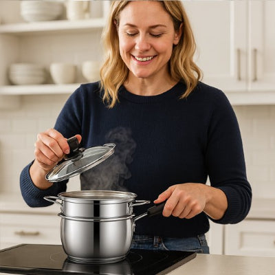 Faitout en inox induction en cuisson une main enleve le couvercle en verre