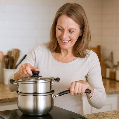 Faitout en inox sur plaque à induction en cuisson
