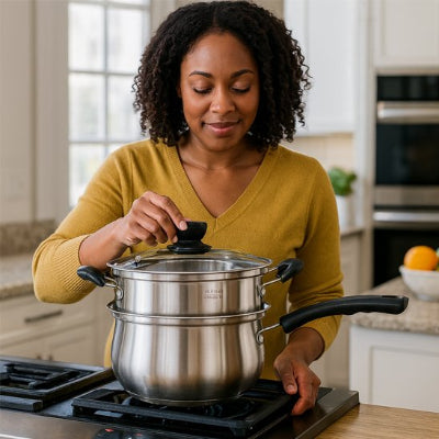Faitout inox sur cuisiniere a gaz en cuisson